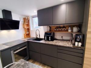 a kitchen with black cabinets and a counter top at Charmant studio avec terrasse et jardin au cœur de la Provence 4 étoiles in Camps-la-Source