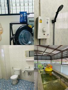 3 Bilder eines Badezimmers mit WC und Waschbecken in der Unterkunft ท่าบูรพาวิลล่า ที่พักพร้อมสระน้ำ ทั้งหลัง in Ban Hua Khao Sammuk