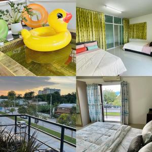 eine Collage aus Bildern eines Hotelzimmers mit einer Gummiente im Schlafzimmer in der Unterkunft ท่าบูรพาวิลล่า ที่พักพร้อมสระน้ำ ทั้งหลัง in Ban Hua Khao Sammuk