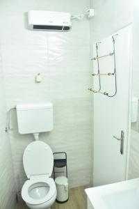 a white bathroom with a toilet and a sink at Fiko Apartment in Niš
