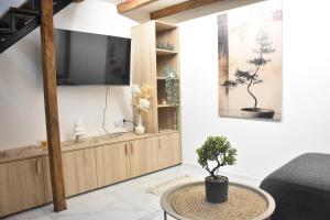 a living room with a tv and a table at Fiko Apartment in Niš