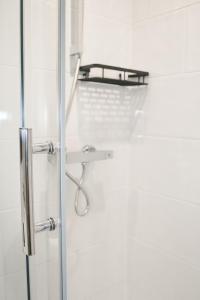 een douche met een glazen deur en een plank bij The GreenHouse Capsules in Londen +11 foto's