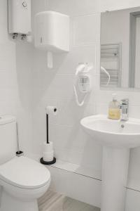 een witte badkamer met een toilet en een wastafel bij The GreenHouse Capsules in Londen