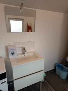 een badkamer met een wastafel en een spiegel bij Maison Les Escardines in Oye-Plage +1 foto