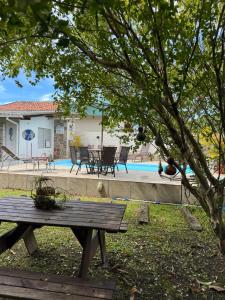 a picnic table in front of a pool at Minha Casa Palmas 2 in Governador Celso Ramos