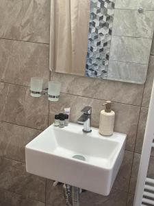 a white sink in a bathroom with a mirror at Alkyona apartments in Kalavrita