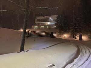 einen schneebedeckten Hof mit einem Haus im Hintergrund in der Unterkunft Osicki Sport Resort in Korbielów