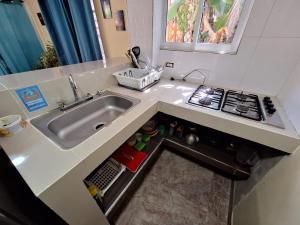 een kleine keuken met een spoelbak en een fornuis bij Posada Cedar Valley in Providencia +229 foto's