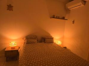 een slaapkamer met een bed met twee lampen erop bij ptit coin hibiscus in Pointe-Noire