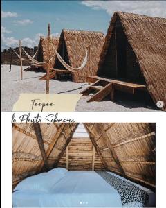 two pictures of a thatch roofed tent in the desert at La playita Sabancuy in Cuba