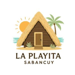 a log cabin with a palm tree and the text la playa saayanatown at La playita Sabancuy in Cuba