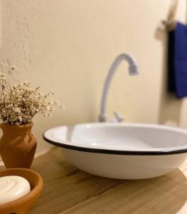 een badkamer met een wastafel en een vaas met bloemen bij Vila Borogodó BG in Barra Grande