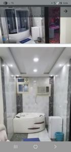 two pictures of a bathroom with a toilet and a sink at تاج الملكه للشقق المخدومة in Ḑirs