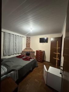 een slaapkamer met een bed, een open haard en een tv bij Pousada Taquaral in Bocaina de Minas