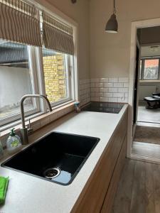 a kitchen with a sink and a window at Rødbyhavn Nordic Villa in Rødby +29 photos