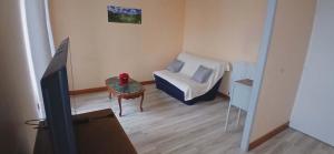 a living room with a couch and a chair and a tv at Entre sel et vignes in Lons-le-Saunier