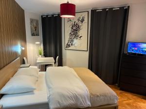 een slaapkamer met een bed met kussens en een televisie bij Studio number 9 in Pantin
