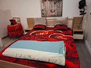 een slaapkamer met 2 bedden en een rood dekbed bij Studio avec jacuzzi in Saint-Fons