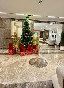 een kerstboom in de lobby van een hotel bij Pyramids sunrise inn in Caïro
