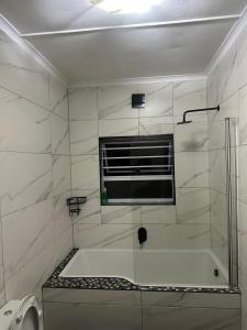 a bathroom with a shower and a tub with a window at Bell rose oaks guest house in Blomtuin +36 photos