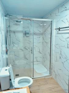 een badkamer met een glazen douche met toilet bij Tree House II in Setúbal