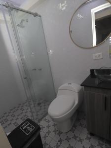 een badkamer met een toilet, een douche en een spiegel bij Hotel Alcalá in Alcalá +22 foto's