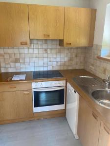 a kitchen with a stove and a sink in it at Ferienhaus Wolfurt in Wolfurt