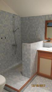 une salle de bain avec douche et lavabo dans l'établissement La vache sur le toit, à Montagny 1 autre photo