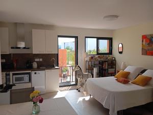 a room with a bed and a kitchen with a zebra at L'Atelier du Champ Ladoit in Mercurey