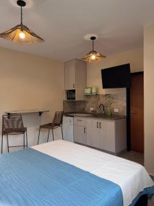 1 Schlafzimmer mit einem blauen Bett und einer Küche in der Unterkunft Las Moradas Ale in Villa Carlos Paz