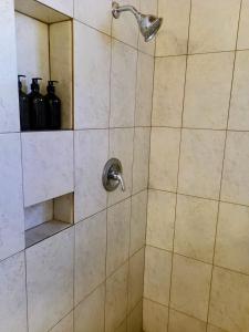 MatthewsTurtle Cove House by Le Haus的浴室里有淋浴喷头的淋浴