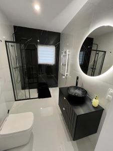 ein Badezimmer mit Toilette, Waschbecken und Spiegel in der Unterkunft Łagowski Zakątek z Sauną in Łagów