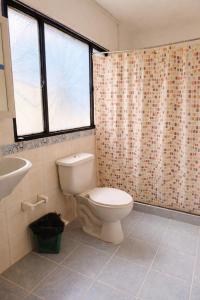 un bagno con un water e una tenda da doccia di Hostal La Clarita a Fusagasugá