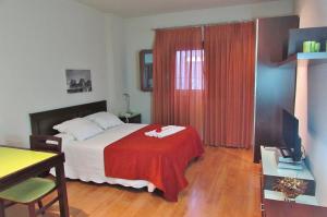 a bedroom with a bed with a red curtain at Apartamentos Turísticos Las Nieves in Granada