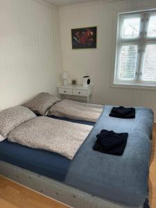 un letto in una camera con due cuscini sopra di Voss Sentrum 400 m a Vossevangen