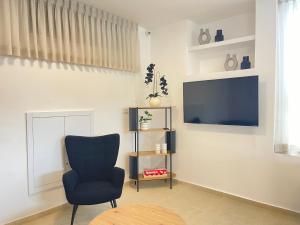 un soggiorno con sedia blu e TV a schermo piatto di Ramon Palms a Mitzpe Ramon