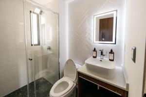 een badkamer met een toilet, een wastafel en een douche bij Casa Castillo Condesa in Mexico-Stad +26 foto's