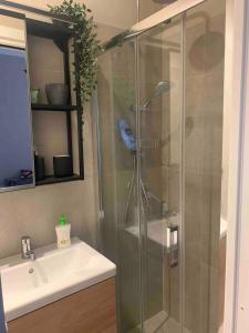 a shower with a glass door next to a sink at La Fatina appartamento in Collodi +26 photos