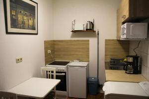 a small kitchen with a stove and a microwave at Pension963 in Crimmitschau