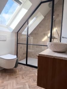een badkamer met een toilet en een douche met een dakraam bij Maison de L'Histoire - Fleur de Pivoine in Sint-Martens-Latem