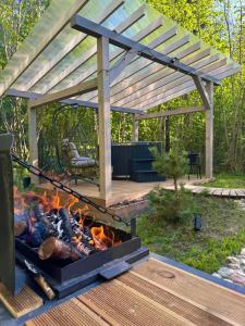 a pergola and a fire pit in a yard at Tyla Dviese in Bendoriai