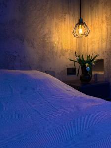 a bedroom with a bed with a blue comforter and a lamp at Tyla Dviese in Bendoriai