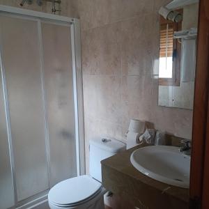 a bathroom with a toilet and a sink and a shower at Hostal Los Palancares in Fuentes