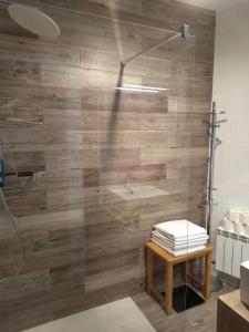 een badkamer met een douche en een houten muur bij Ramon del Xalet in Ibars de Noguera
