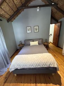 een slaapkamer met een groot bed en 2 tafels bij The Little Thatch Cottage in Greyton