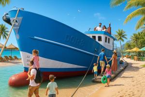a group of people on a beach near a boat at MV Marlies in Ons Belang