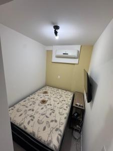 een kleine slaapkamer met een bed en een televisie bij Rooftop Carneirinho in Tamandaré