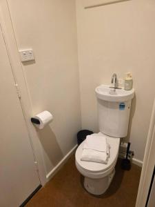 a bathroom with a white toilet and a sink at A Sweet Studio for One in Altona