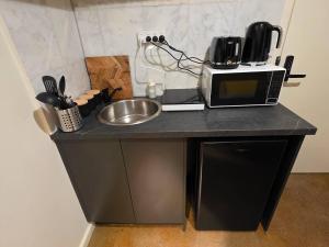 a kitchen counter with a microwave and a sink at A Sweet Studio for One in Altona