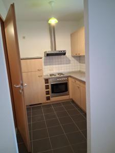 een keuken met houten kasten en een kookplaat met oven bij Apartment - östlicher Stadtteil in Kaiserslautern